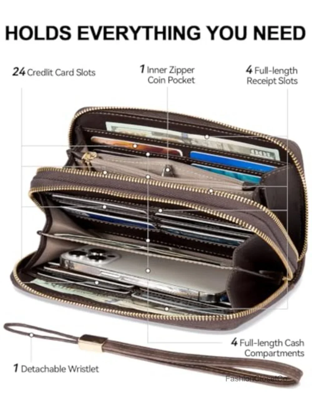 Vegan Leather Double Zipper Large Capacity Wristlet RFID Clutch Wallet